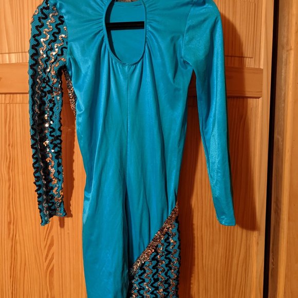 Handmade turquoise/gold/black sequined ice skating/dance jumpsuit with tassels - Picture 2 of 3